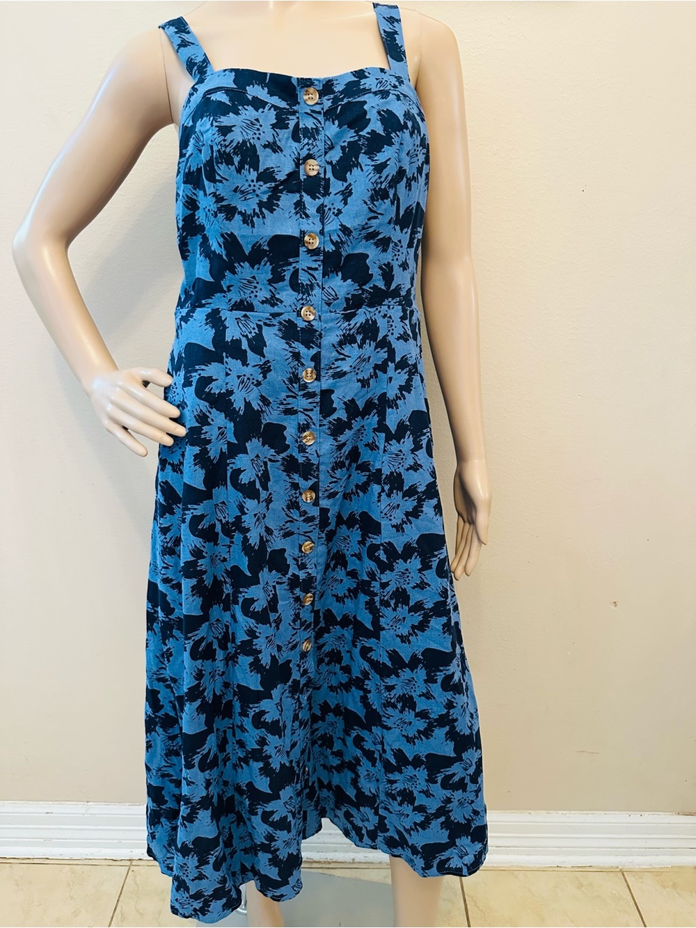 Market & Spruce Benne Linen Blend Button Midi Dress Blue Floral Size Medium